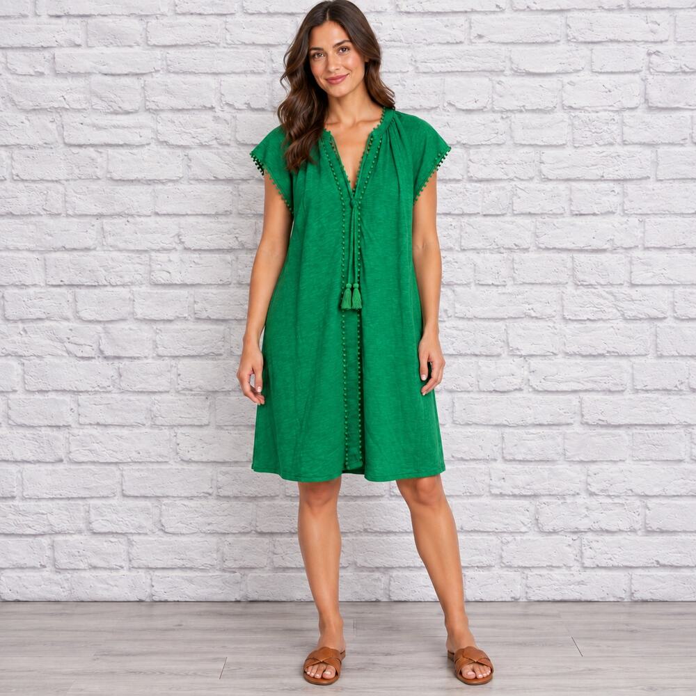 Boden Millie Pom Cotton Dress Size 6 V-Neck Tassels Knee Length Shift Green
